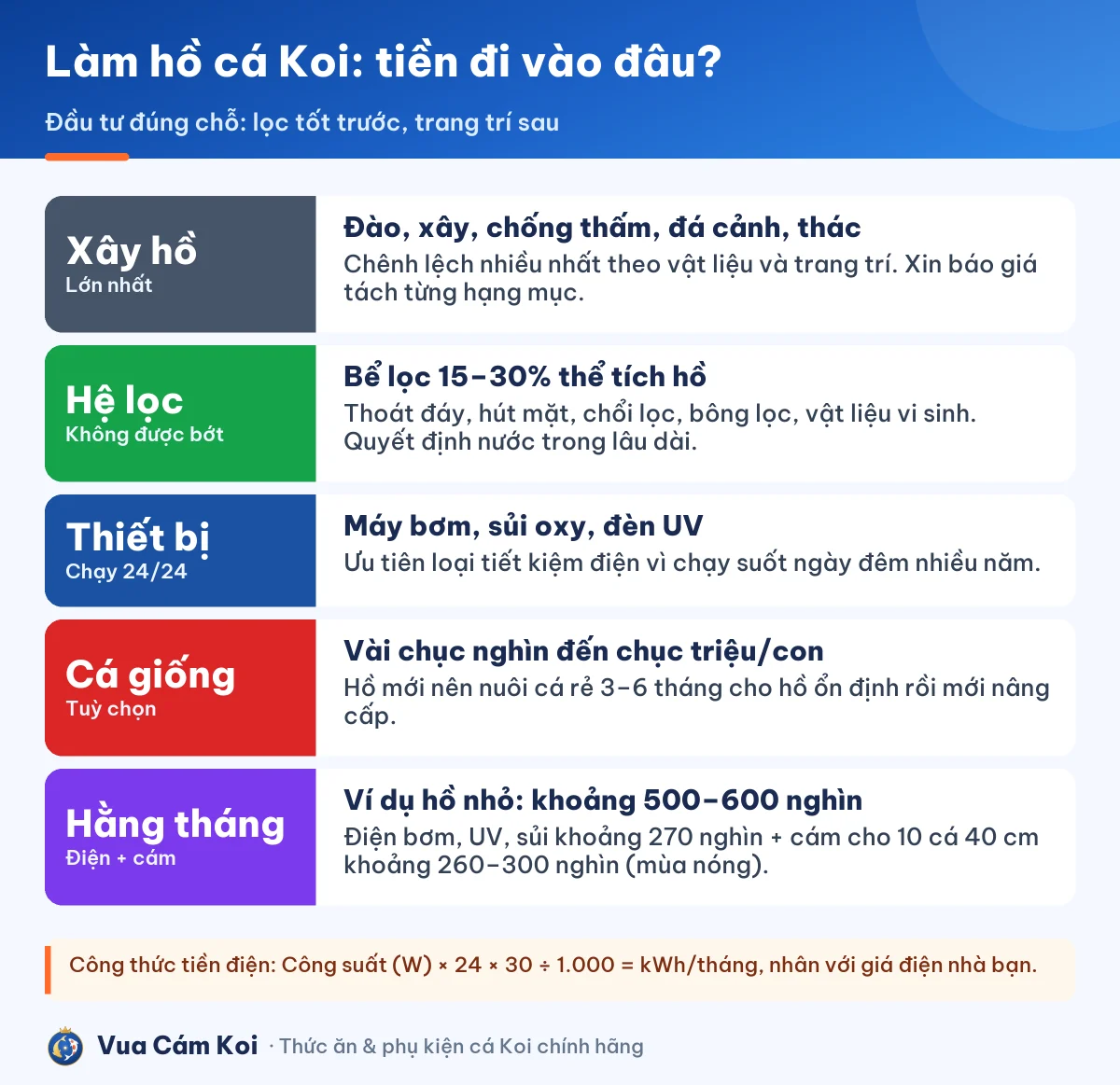 Các khoản chi phí làm hồ cá Koi: phần xây hồ, hệ lọc, thiết bị, cá giống, chi phí hằng tháng