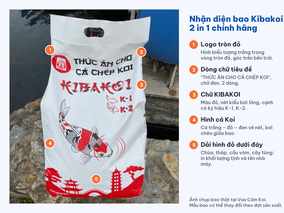 Ảnh chú thích 5 điểm nhận diện bao cám cá Koi Kibakoi 2 in 1 chính hãng